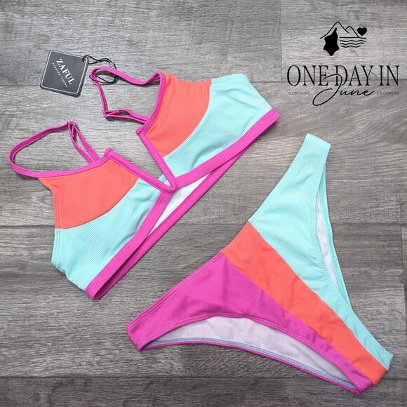Zaful Color Block Textured Bikini Swimsuit Size M - Picture 1 of 5